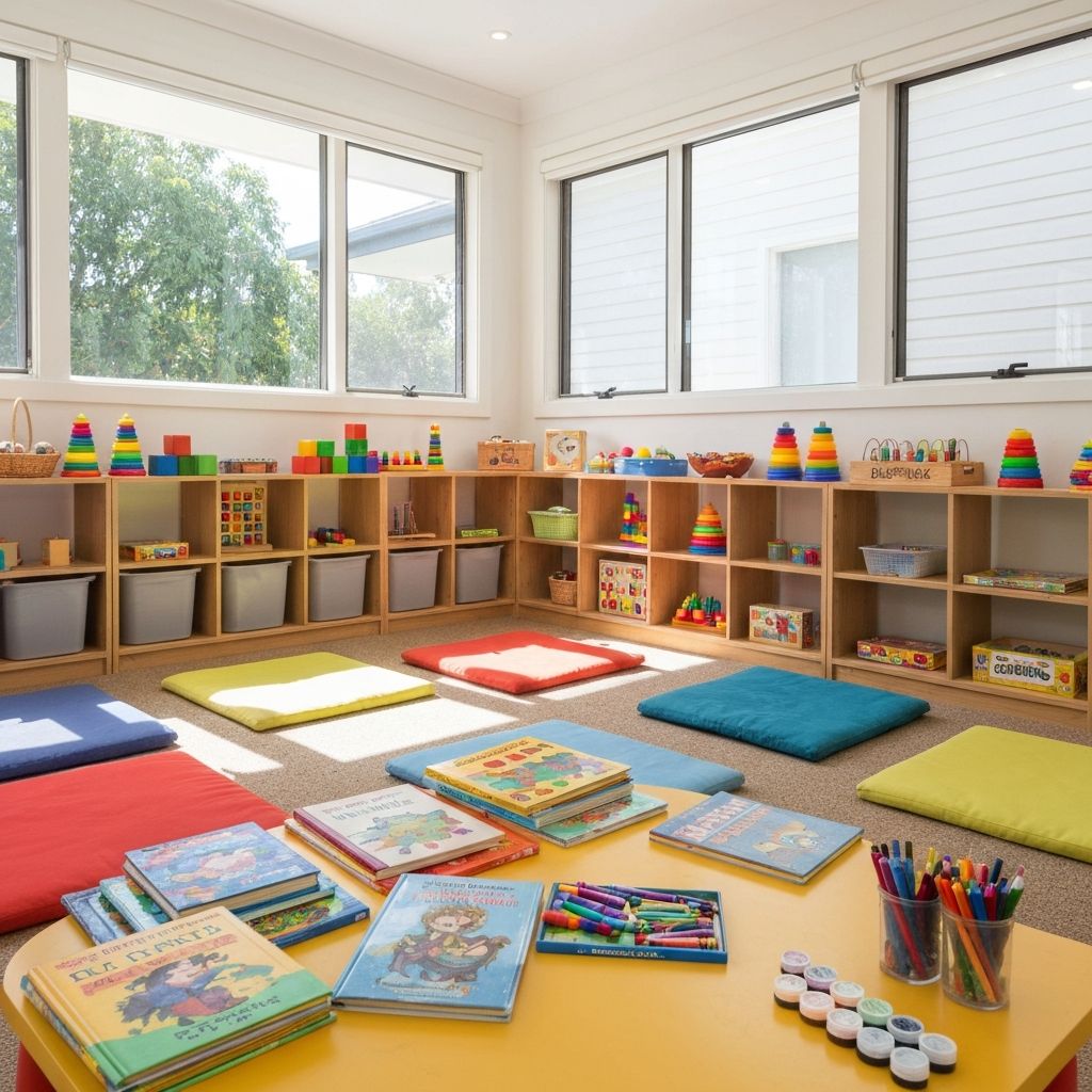 Cosy home-based day care playroom with colourful toys and books